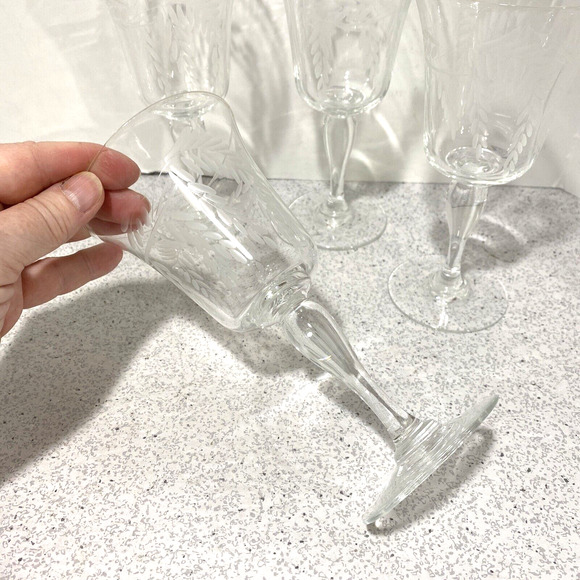 Vintage Sasaki SAS28 Clear Etched Crystal Wine Glasses (4) Mid Century Elegant - Picture 6 of 7